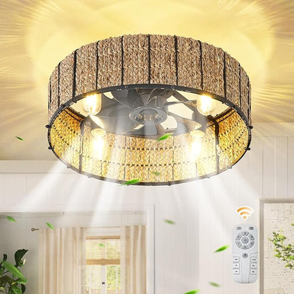 Ganeed 20" Boho Ceiling Fan with Light, Handwoven Rattan Caged Ceiling Fan with Light and Remote, Low Profile 6 Speeds Enclosed Flush Mount Fandelier for Bedroom Kids Room Nursery Living Room
