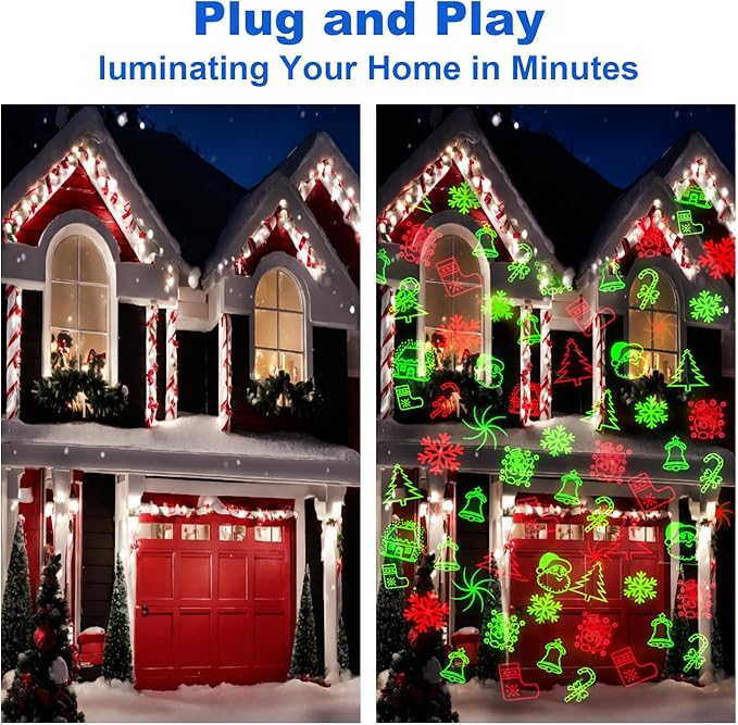 Christmas Laser Projector Lights, 10 Patterns Moving Red Green Outdoor Garden Waterproof Decorative Starry Lights Projector with RF Remote for Holiday Party Indoor Decoration Home Decor