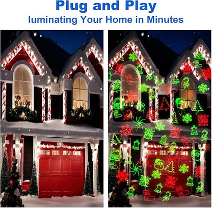 Christmas Laser Projector Lights, 10 Patterns Moving Red Green Outdoor Garden Waterproof Decorative Starry Lights Projector with RF Remote for Holiday Party Indoor Decoration Home Decor