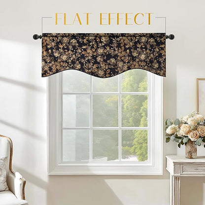 StangH Luxury Floral Printed Valance for Kitchen Window, Light Blocking Rod Pocket Velvet Drape Gold Scalloped Tier Curtain for Bedroom Living Room, W52 x L18, 1 Panel
