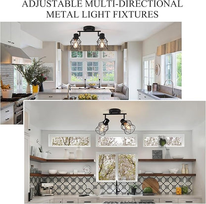 2 Lights Adjustable Multi-Directional Black Light Fixtures, Semi Flush Mount Ceiling Light, Kitchen Light Fixtures Ceiling Mount, Geometric Metal Cage Industrial Spotlight Fixtures for Dining Room