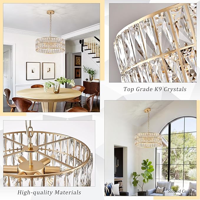 CATINER Modern Crystal Chandelier for Dining Room Gold Semi Flush Mount Ceiling Light Fixtures 18” Large Round Crystal Pendant Lighting for Foyer Bedroom Living Room