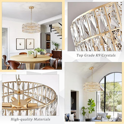 CATINER Modern Crystal Chandelier for Dining Room Gold Semi Flush Mount Ceiling Light Fixtures 18” Large Round Crystal Pendant Lighting for Foyer Bedroom Living Room