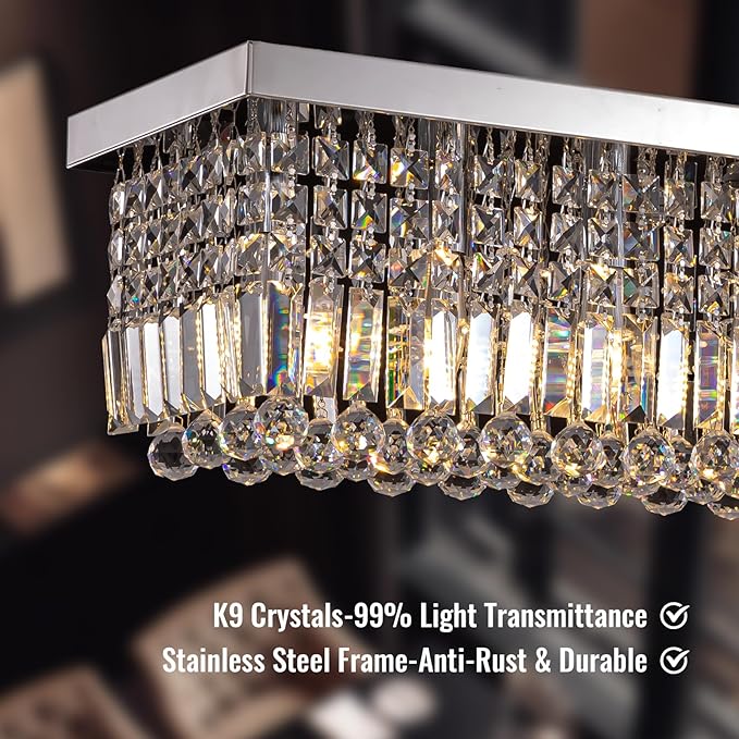 Modern Crystal Chandelier,13-Light Chandelier for Dining Room,K9 Crystal Rectangle Chandeliers,59-inch Adjustable Hanging Pendant Light Fixture Kitchen Island Bar Bedroom