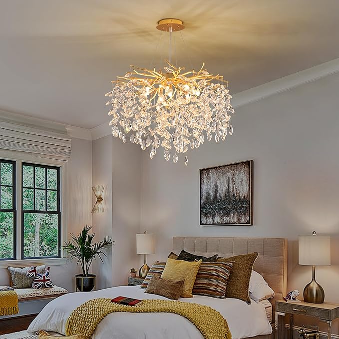 Gold Crystal Tree Branch Chandelier, Modern Round Art Deco Raindrop Lighting Fixture for Dining Room Bedroom Living Room 8 Lights D23.7''