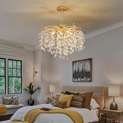 Gold Crystal Tree Branch Chandelier, Modern Round Art Deco Raindrop Lighting Fixture for Dining Room Bedroom Living Room 8 Lights D23.7''