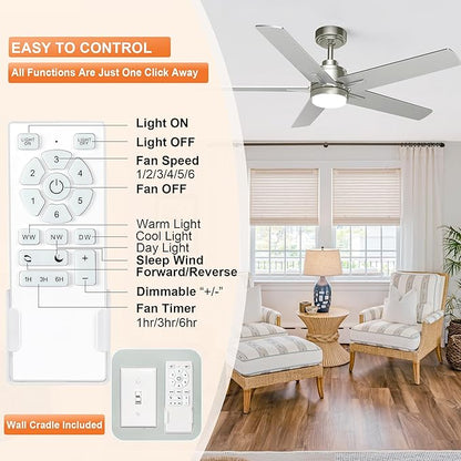 YUHAO 48 Inch Brushed Nickel Ceiling Fan with Light and Remote Control.Noiseless,Dimmable, 3CCT,6 Speeds Reversible, Modern DC Ceiling Fans for Indoor or Covered Outdoor Use,ETL Listed