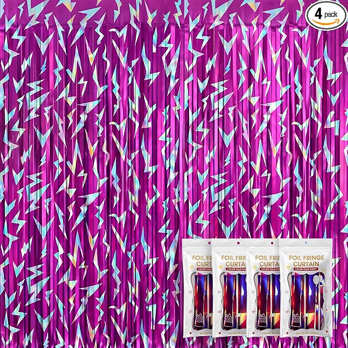 Tudomro 4 Pack Kpop Birthday Party Decoration Pink Purple Lightning Streamers Backdrop Blue with Purple Lightning Print Foil Fringe Tinsel Curtains for Photo Prop Themed Party Supplies