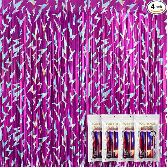 Tudomro 4 Pack Kpop Birthday Party Decoration Pink Purple Lightning Streamers Backdrop Blue with Purple Lightning Print Foil Fringe Tinsel Curtains for Photo Prop Themed Party Supplies