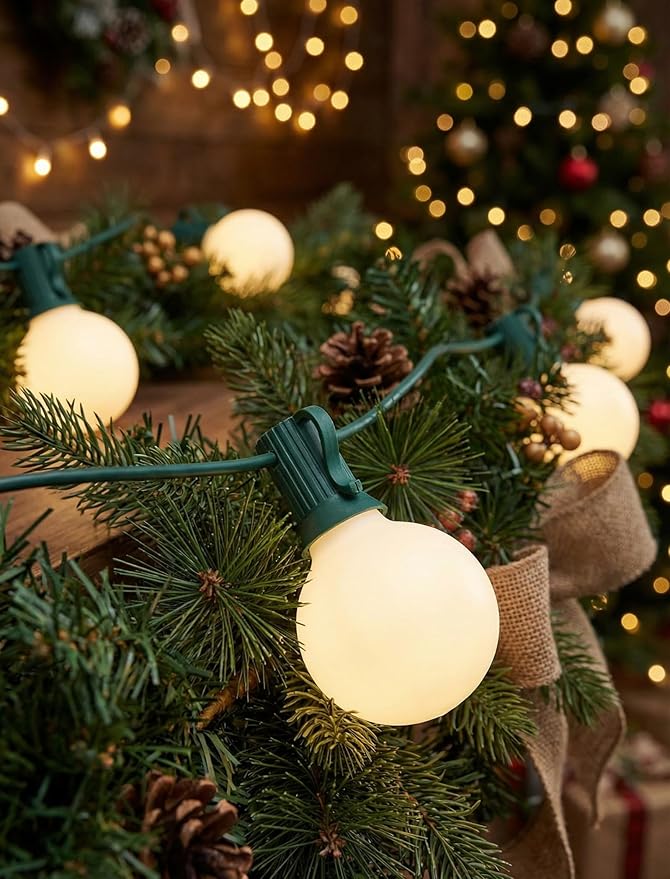 25FT G40 Frosted Christmas Lights,Globe Christmas Lights with 27 Frosted White Bulbs,Outdoor String Lights for Outside Indoor Garden Wedding Pergola Backyard Patio Xmas Tree Decor,Green Wire