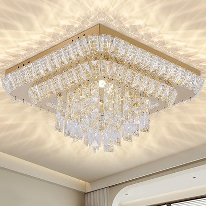 Miuyhji Elegant LED Gold Crystal Raindrop Ceiling Light,18 Inch Square Flush Mount Chandelier with Remote for Living Room Kitchen Island Bedroom Hallway Entryway Foyer (Dimmable)