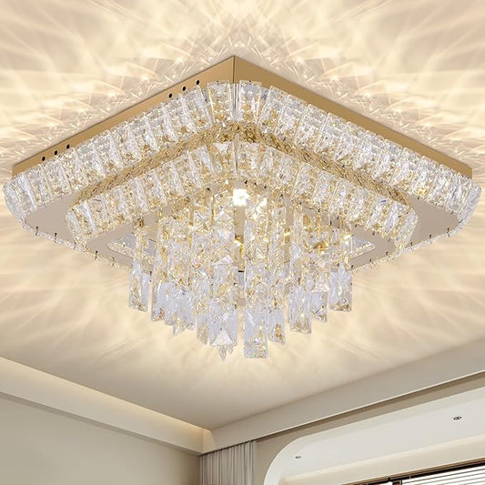 Miuyhji Elegant LED Gold Crystal Raindrop Ceiling Light,18 Inch Square Flush Mount Chandelier with Remote for Living Room Kitchen Island Bedroom Hallway Entryway Foyer (Dimmable)