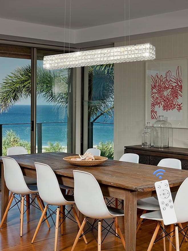 ykolupty Modern Crystal Chandelier Silver Rectangular Crystal Chandelier Contemporary Linear Pendant Ceiling Light Fixture for Living Dining Room Kitchen Island (L 40")