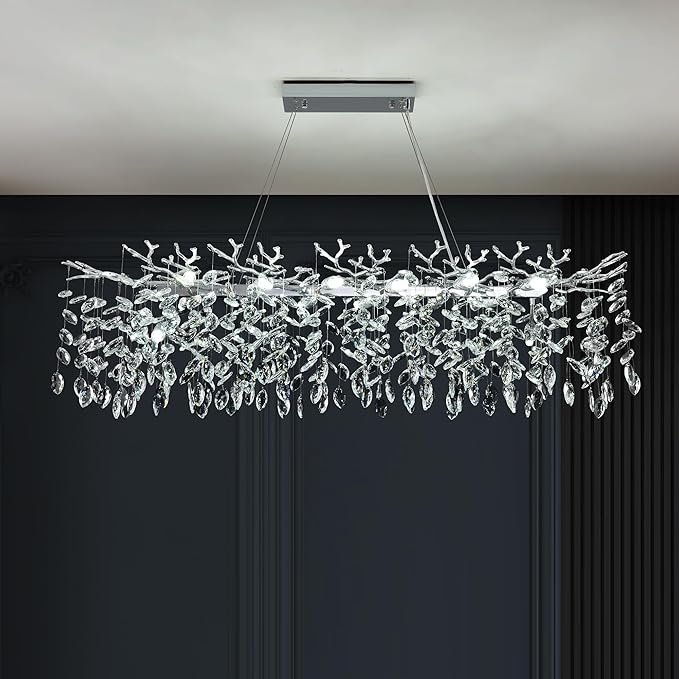Tree Branch Chandelier Modern Crystal Pendant Light, Luxury Chrome Linear Rectangle Art Deco Raindrop Lighting Fixture for Dining Room Kitchen Island Living Room 10 Lights L40''