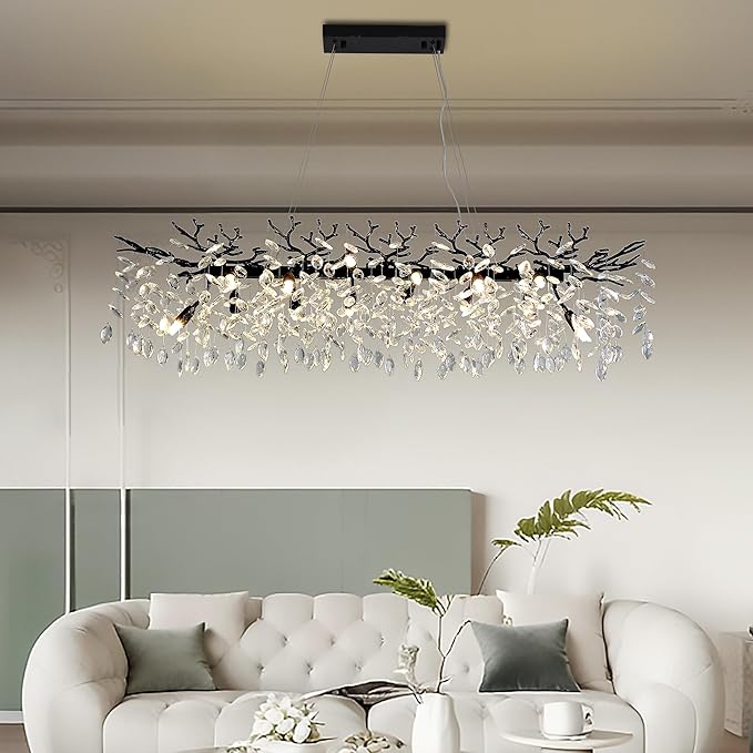 Modern Crystal Tree Branches Chandelier, 47.5in Black 14 Lights Large Ceiling Hanging Light for Dining Room, Rectangle Raindrop Pendant Light Fixture