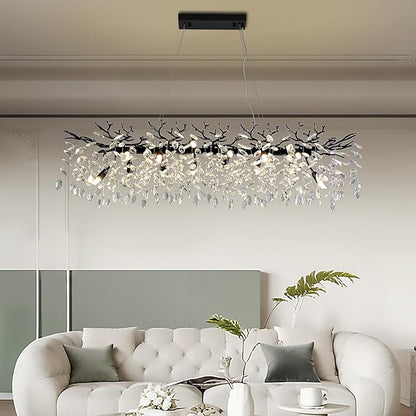 Modern Crystal Tree Branches Chandelier, 47.5in Black 14 Lights Large Ceiling Hanging Light for Dining Room, Rectangle Raindrop Pendant Light Fixture
