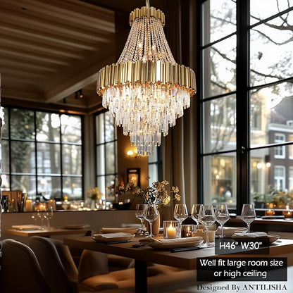 Luxury Crystal Chandelier for High Ceilings, 30" 17-Light Gold Lighting Fixture for Foyer Entryway, Stairway, Open Dining Room