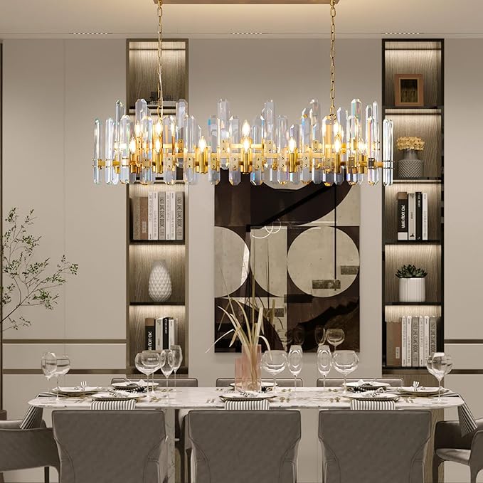 54" Rectangular Chandelier, 24-Light Gold Modern Crystal Chandelier for Dining Room, Kitchen Island, Living Room, Luxury K9 Crystal Adjustable Chain Chandelier Light Fixture