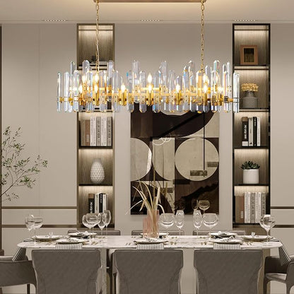 54" Rectangular Chandelier, 24-Light Gold Modern Crystal Chandelier for Dining Room, Kitchen Island, Living Room, Luxury K9 Crystal Adjustable Chain Chandelier Light Fixture