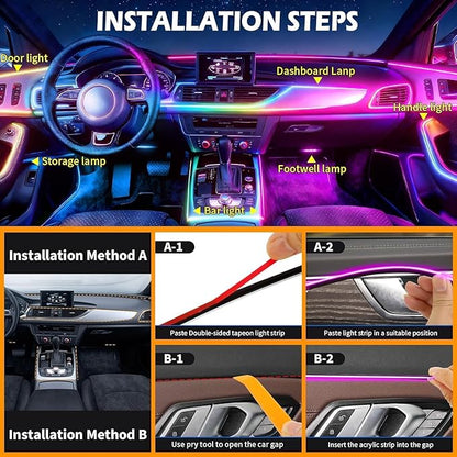 Interior Car LED Strip Lights, Acrylic LED Lights for Car with Dynamic Dreamcolor Chasing, Ambient Lighting Kits Music Sync Wireless APP and RF Remote Control (8 in 1)