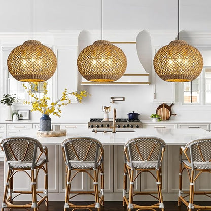 Farmhouse Rattan Chandelier 17” Boho Natural Seagrass Hanging Pendant Lights 3-Lights Hand-Woven Wicker Dining Room Light Fixture for Kitchen Island Entry Living Room Bedroom Hallway