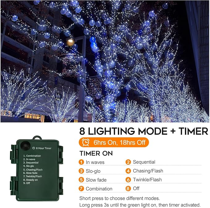 2Pack Battery Operated Christmas Lights Outdoor, 33 FT 100 LED Mini String Lights with Timer and 8 Modes, Green Wire Xmas String Lights for Tree Xmas Indoor Holiday Party Garden Decor, Cool White