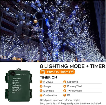 2Pack Battery Operated Christmas Lights Outdoor, 33 FT 100 LED Mini String Lights with Timer and 8 Modes, Green Wire Xmas String Lights for Tree Xmas Indoor Holiday Party Garden Decor, Cool White