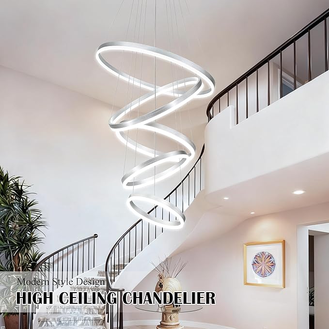 5 Rings Pendant Lights Modern Nickel Led Chandelier Nickel Modern Led Pendant Light Dimmable Height Adjustable Chandeliers for Dining Room Bedroom Entryway Living Room Foyer (3000K-6000K)