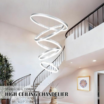 5 Rings Pendant Lights Modern Nickel Led Chandelier Nickel Modern Led Pendant Light Dimmable Height Adjustable Chandeliers for Dining Room Bedroom Entryway Living Room Foyer (3000K-6000K)