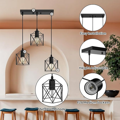 3 Light Pendant Lighting, Farmhouse Hanging Light Fixture for Kitchen Island & Dining Room, Industrial Vintage Ceiling Lamp with E26 Base, Adjustable Height, Matte Black
