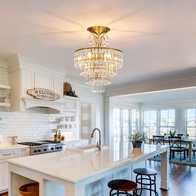 CVKASH 5 -Lights Crystal Gold Chandelier Fixture Modern Semi Flush Mount Ceiling Light with E12 Ceiling Lighting for Bedroom Living Room Kitchen Hallway Dining Room,D15.35 x H20.07