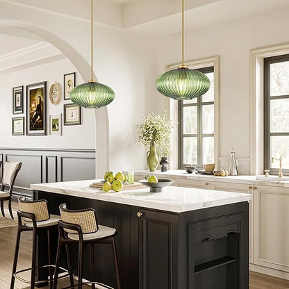 10" Green Glass Modern Pendant Light Kitchen Island Brushed Gold Mid Century Modern Pendant Lighting with Clear Green Glass Hanging Pendant Light for Dining Room（Bulb Incl.）