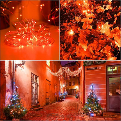 Fall Outdoor Decorations, Orange Solar String Lights Outdoor, 2Pack Total 200 LED Fairy Fall Lights Thanksgiving Halloween Decor, 8 Modes Waterproof for Porch, Garden, Patio, Fence, Balcony