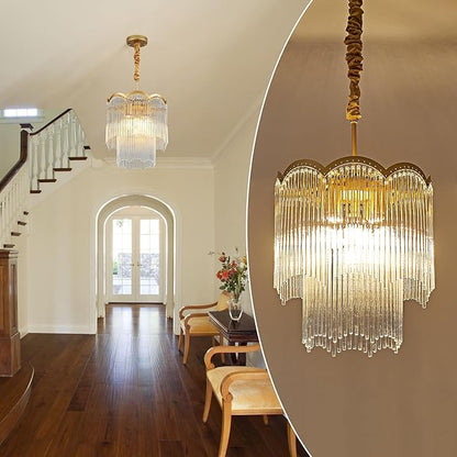 12.52" Gold Clear Glass Crystal Pendant Light 5-Light Modern Crystal Pendant Ceiling Light Fixture 2-Tier Luxury Glass Chandeliers,for Dining Room Kitchen Island Living Room Bedroom