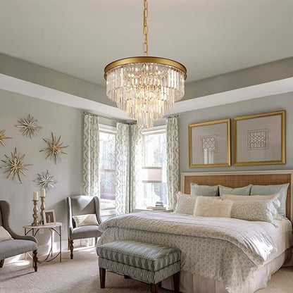 A AXILIXI Modern Crystal Chandeliers Gold 24” Round Chandelier for Dining Room 12 Light Ceiling Pendant Light Fixture Raindrop Luxury Gold Flush Mount Chandelier for Entryway Living Room