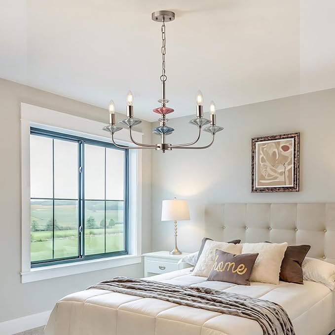 Brushed Nickel Chandeliers for Dining Room Light Fixture ，with Blue Green Ceramic Art Deco Chandelier, Modern Retro Candle Chandelier,Farmhouse Chandelier for Girls Bedroom，Living Room,Foyer