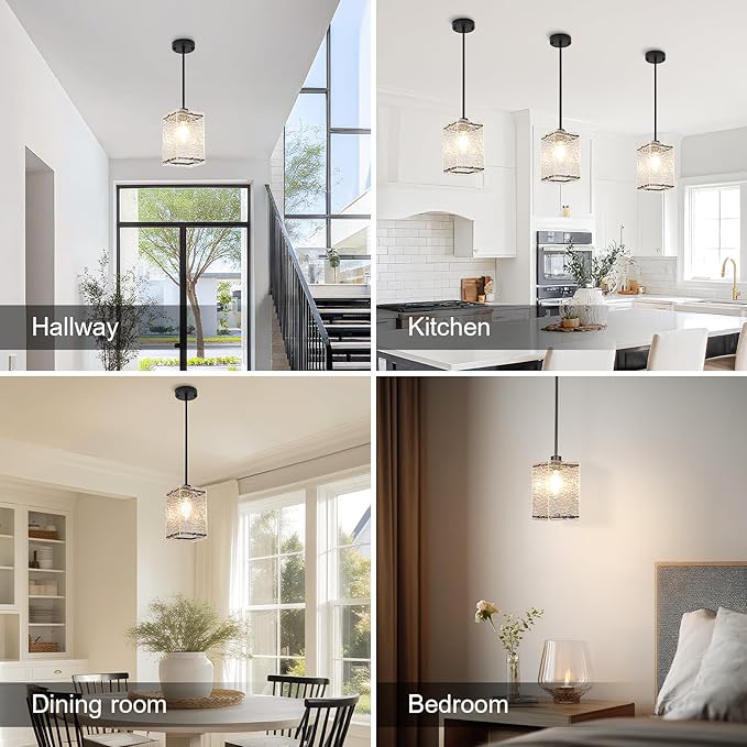 Water Ripple Glass Pendant Lights Black Pendant Lights Kitchen Island Adjustable Modern Hanging Pendant Light Fixtures for Sink Kitchen Dining Room Foyer Entryway, 3 Pack