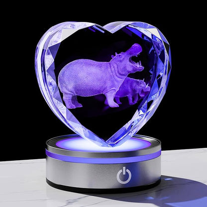 Qianwei Hippo Gifts for Women 3D Crystal Heart - Laser Hippo Decor Glass Animals Hippopotamus Gifts Figurines Statue Stuff for Room Decorations Hippopotamus Night Light