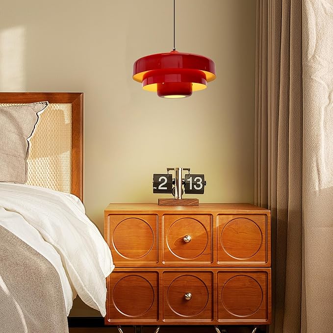 Mid Century Pendant Light Fixtures Red Ceiling Pendant Lighting 3-Layer Metal Shade Design Vintage Hanging Light Flush Mount Light for Dining Table Kitchen Island Hallway