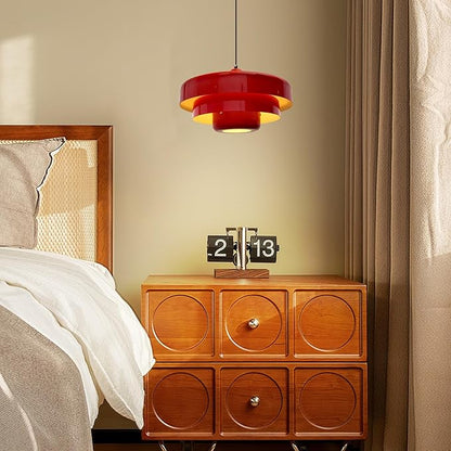 Mid Century Pendant Light Fixtures Red Ceiling Pendant Lighting 3-Layer Metal Shade Design Vintage Hanging Light Flush Mount Light for Dining Table Kitchen Island Hallway