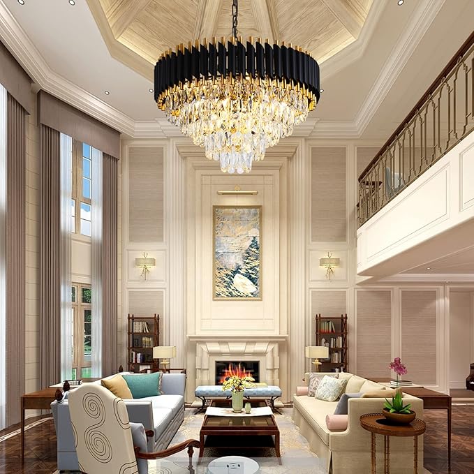 Gold Crystal Chandelier Contemporary, 24" Modern Living Room Chandeliers, K9 Crystal Ceiling Lights Fixtures, Round 5 Tiers Pendant Lighting Chandelier Black for Entryway Dining Room Staircase