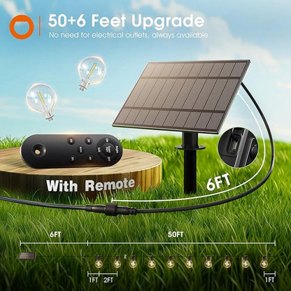 addlon 56FT(50+6) Solar String Lights Outdoor with Remote, 27 Shatterproof G40 Bulbs, Solar Powered & USB Charging Patio Lights, Dimmable Waterproof Solar String Lights for Outside, Camping, Backyard