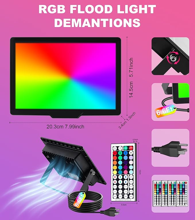 TigQiang 50W RGB Flood Light with Remote & 6.6Ft Cable, Halloween RGB Floodlight, IP66 Waterproof Color Changing Christmas Light, 5000K White LED Floodlight, Outdoor, Uplights for Events, 4 Pack