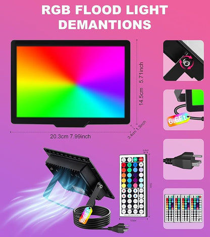 TigQiang 50W RGB Flood Light with Remote & 6.6Ft Cable, Halloween RGB Floodlight, IP66 Waterproof Color Changing Christmas Light, 5000K White LED Floodlight, Outdoor, Uplights for Events, 4 Pack