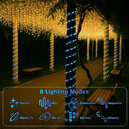 ANJAYLIA 33FT 100 LED Solar Rope Lights Outdoor Waterproof, Solar Powered Rope String Lights with 8 Modes for Outdoor, Patio, Garden, Camping, Holiday & Christmas Décor Blue