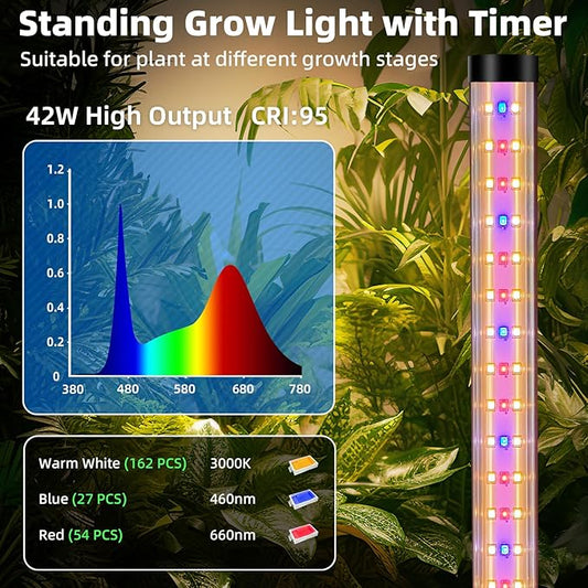 Standing Grow Light for Indoor Plants with Timer,42W Full Spectrum Vertical Grow Lights for Indoor Plants,4FT T8 243LED Plant Lights for Indoor Growing with On/Off Timer Function, 2 Pack