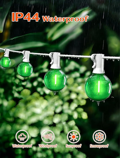 50Ft Outdoor String Lights Green Glow White Wire - Waterproof G40 LED Globe Patio Lights for St. Patrick's Day, Christmas, Garden Fence - 25 Shatterproof Bulbs, Connectable