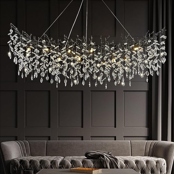 Modern Crystal Black Chandelier,63" Large Rectangular Dining Room Over Table Chandeliers, Tree Branch Crystal Lving Room Chandelier for High Ceiling,Kitchen Island