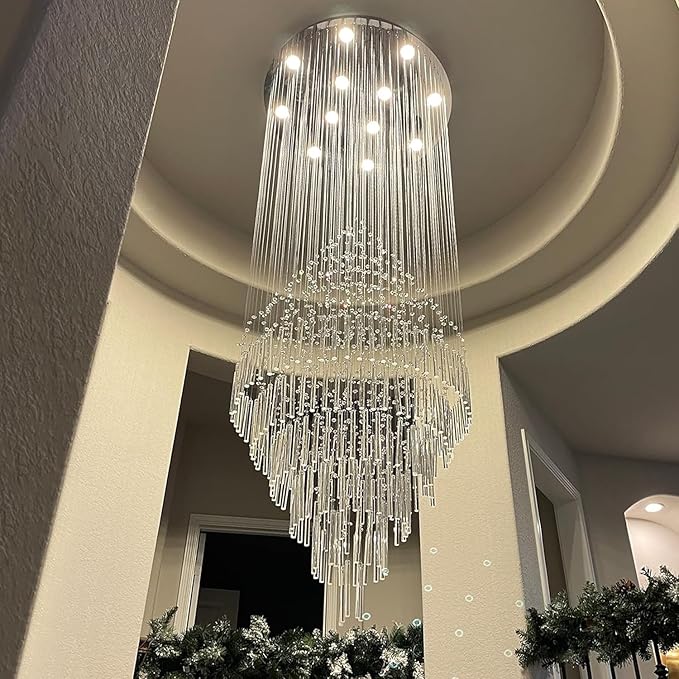 Luxury Large Foyer Chandelier, Modern 12-Lights Round Raindrop Crystal Chandeliers High Ceiling Flush Mount Light Fixtures for Hallway, Entryway, Stairs,Front Entrance D31.5 X H86.7 of CRYSTOP