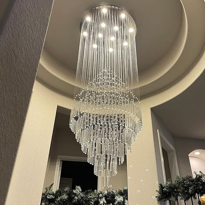 Luxury Large Foyer Chandelier, Modern 12-Lights Round Raindrop Crystal Chandeliers High Ceiling Flush Mount Light Fixtures for Hallway, Entryway, Stairs,Front Entrance D31.5 X H86.7 of CRYSTOP